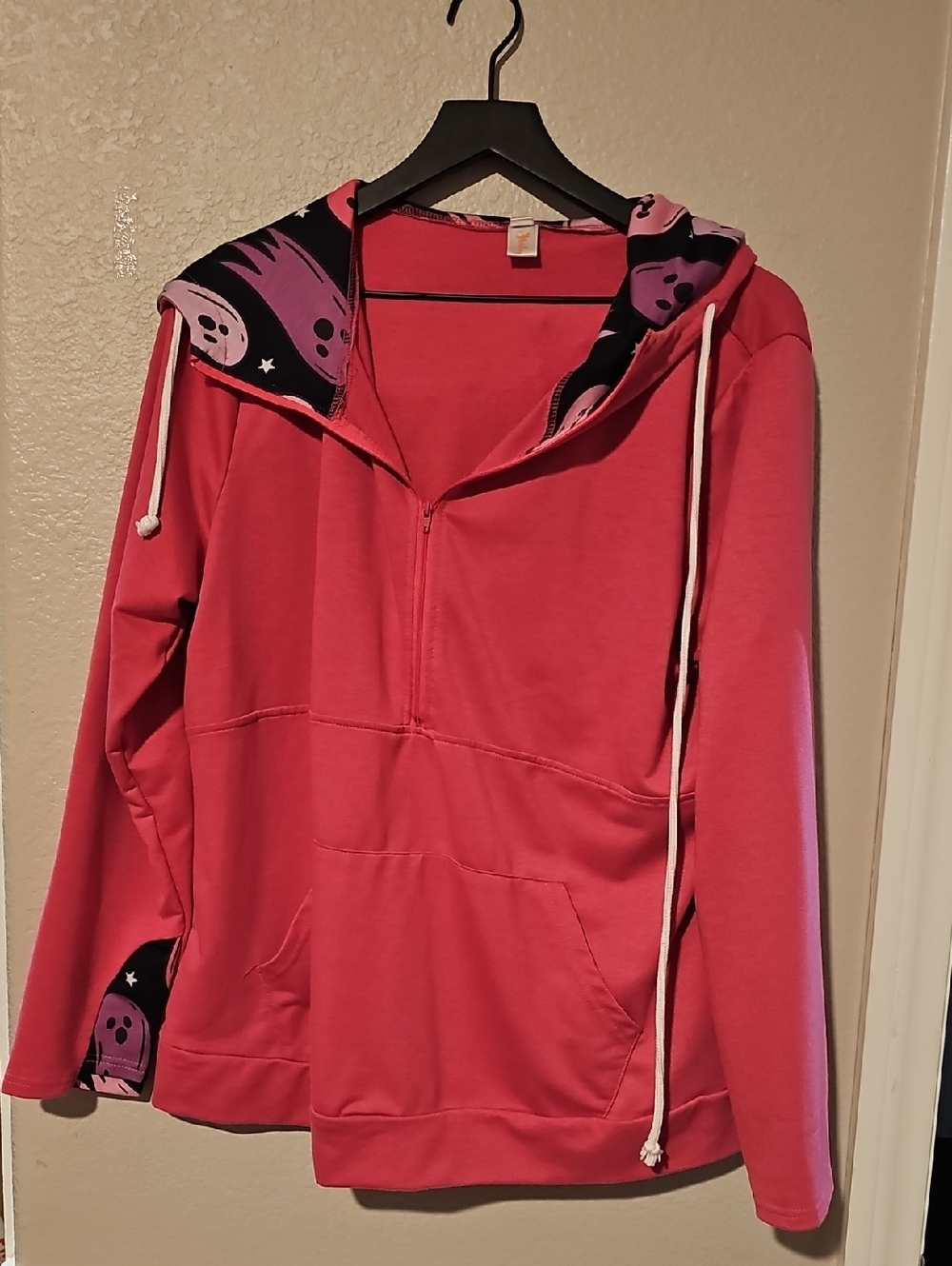 Pink Hooded Zip-Front Sweatshirt with Ghost Graphic Lining